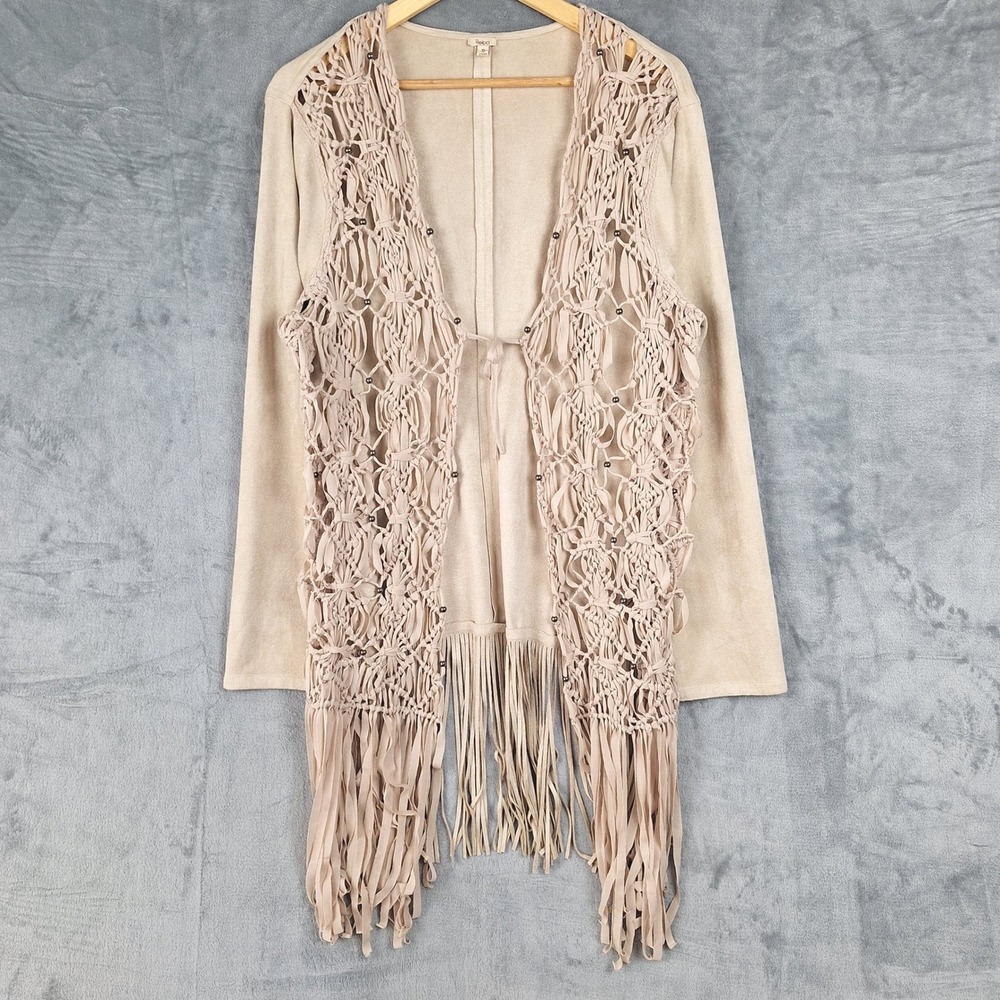 Womens Jacket XL Western Suede Fringe Boho Macrame Beaded Tie Front Cardigan